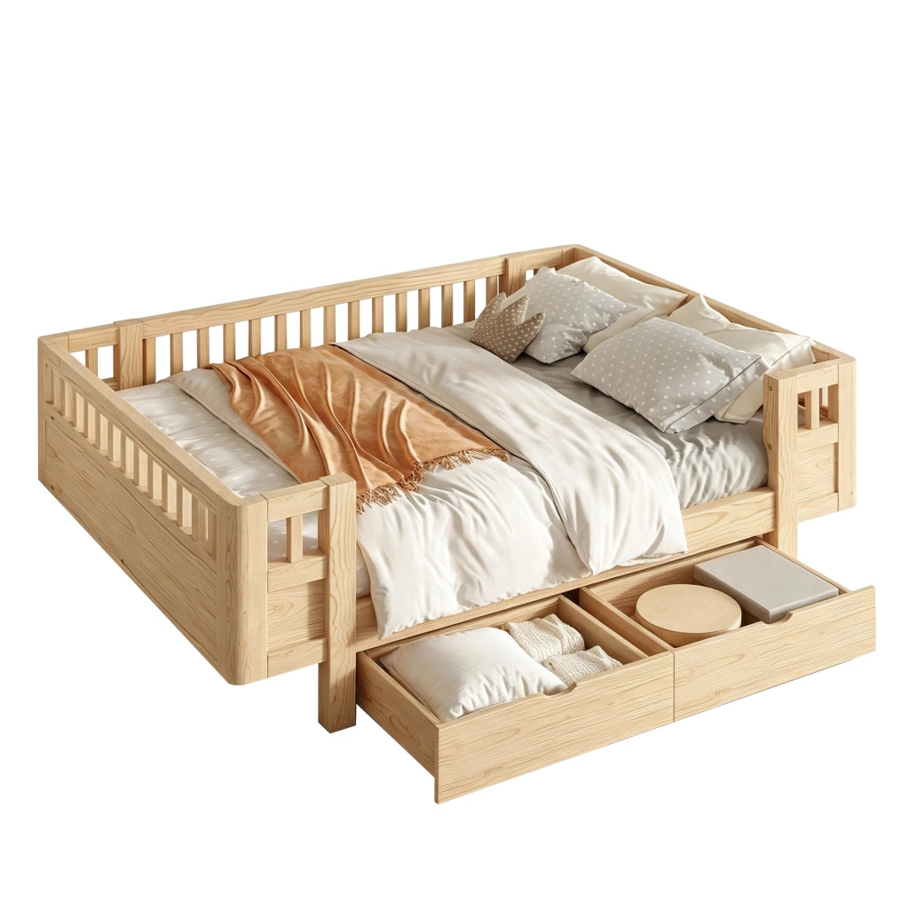 Letto per bambini 140x200 cm con sponde alte e 2 cassetti; struttura in pino e MDF; colore legno chiaro
