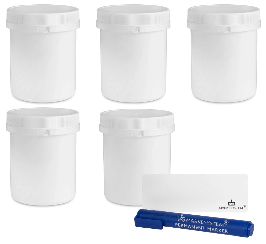 5 contenitori in plastica da 500 ml con coperchio a vite + set di etichette