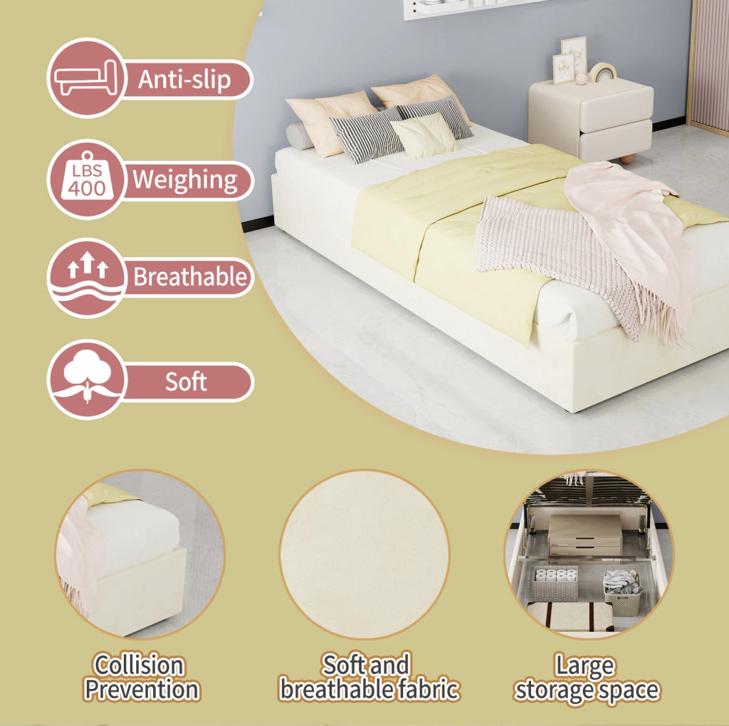 Letto singolo 90x200 cm con contenitore a sollevamento pneumatico; tessuto beige e metallo
