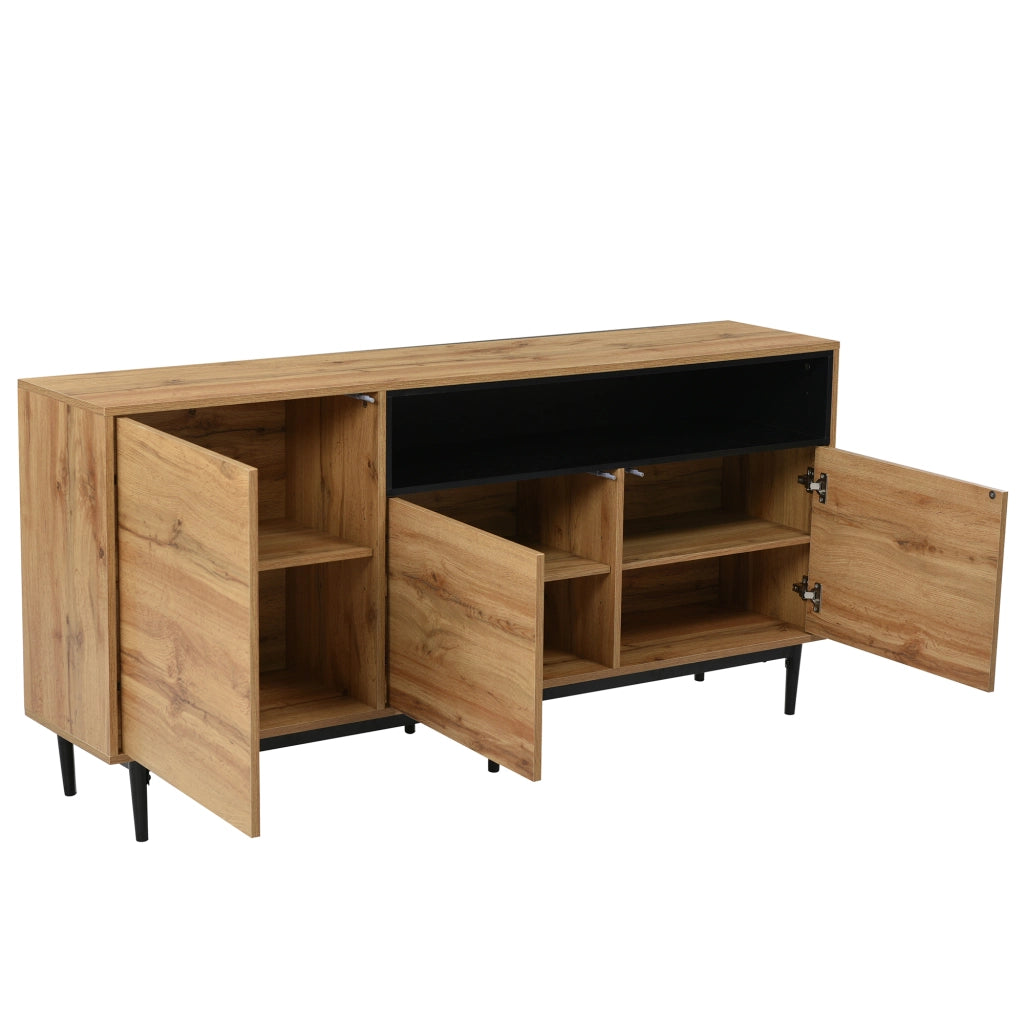 Credenza 160 × 35 × 76 cm con tre ante e ripiani regolabili in MDF e pannello truciolare legno naturale e nero