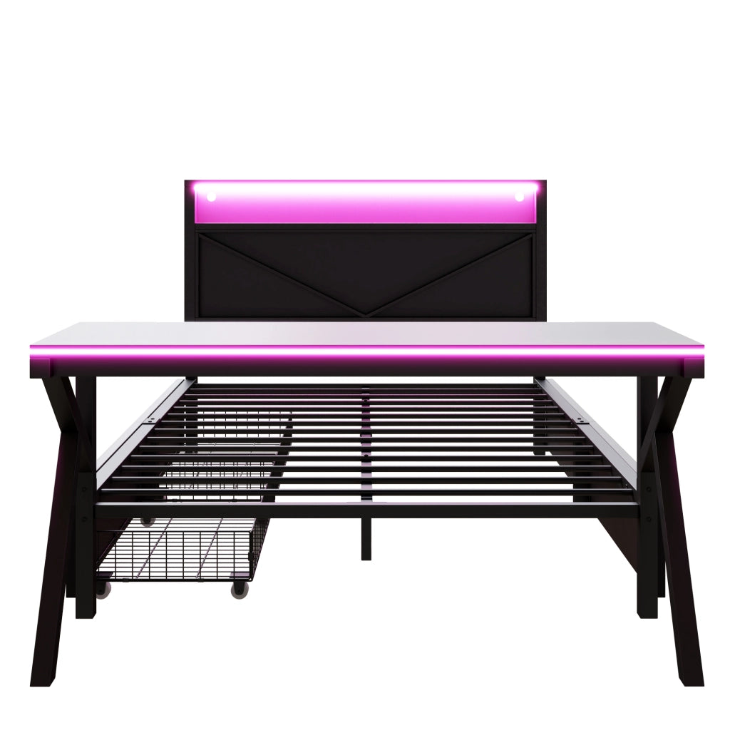 Letto con cassetti 140 × 200 cm con testiera LED e scrivania LED in metallo e MDF nero