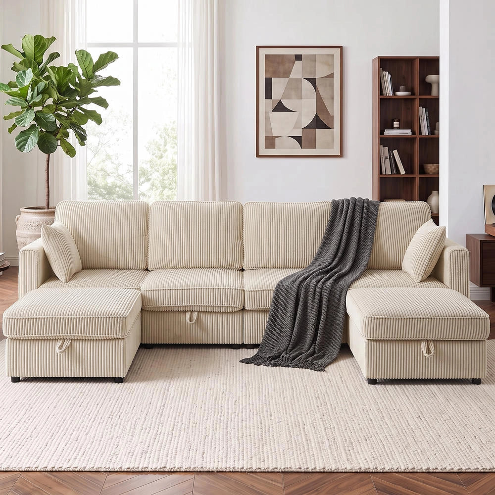 Divano angolare modulare a U 306 cm, 4 posti con 2 pouf contenitore e 4 cuscini, velluto a coste crema, salvaspazio per casa