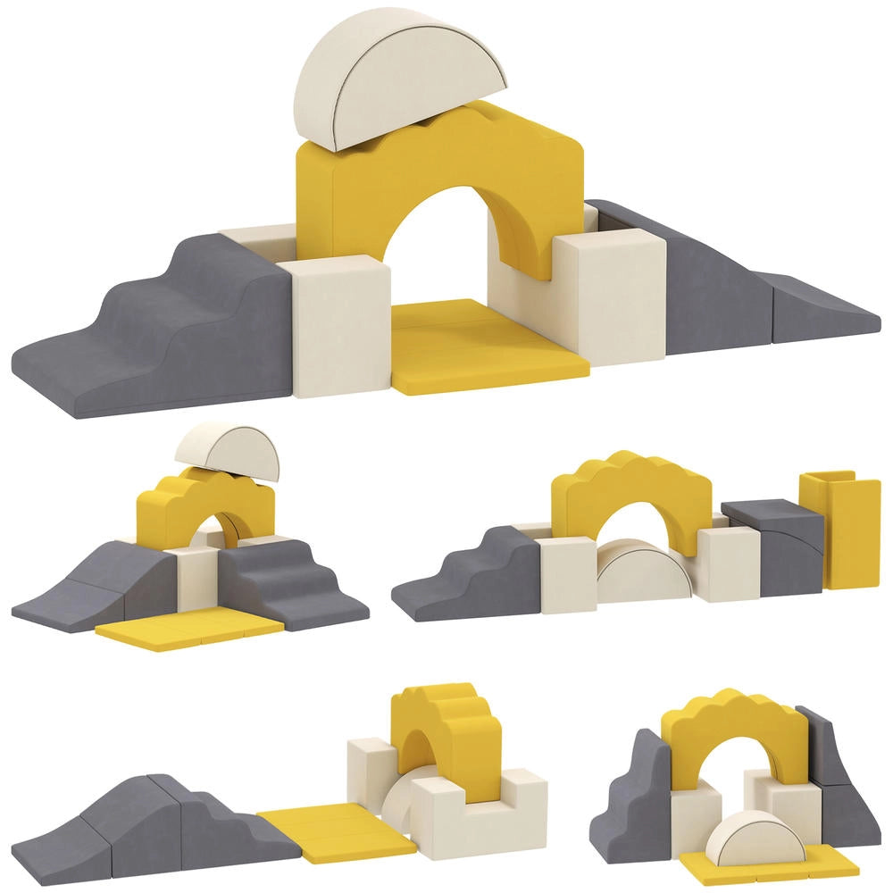Set 7 pezzi blocchi morbidi in gommapiuma per bambini con fodera rimovibile e base antiscivolo, gioco arrampicata indoor, giallo