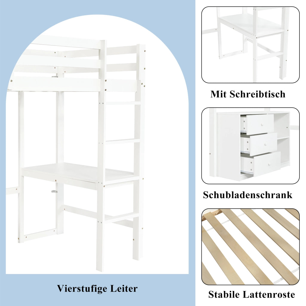Letto a soppalco per bambini 90 × 200 cm con scrivania cassetti scaffale rete a doghe in legno bianco