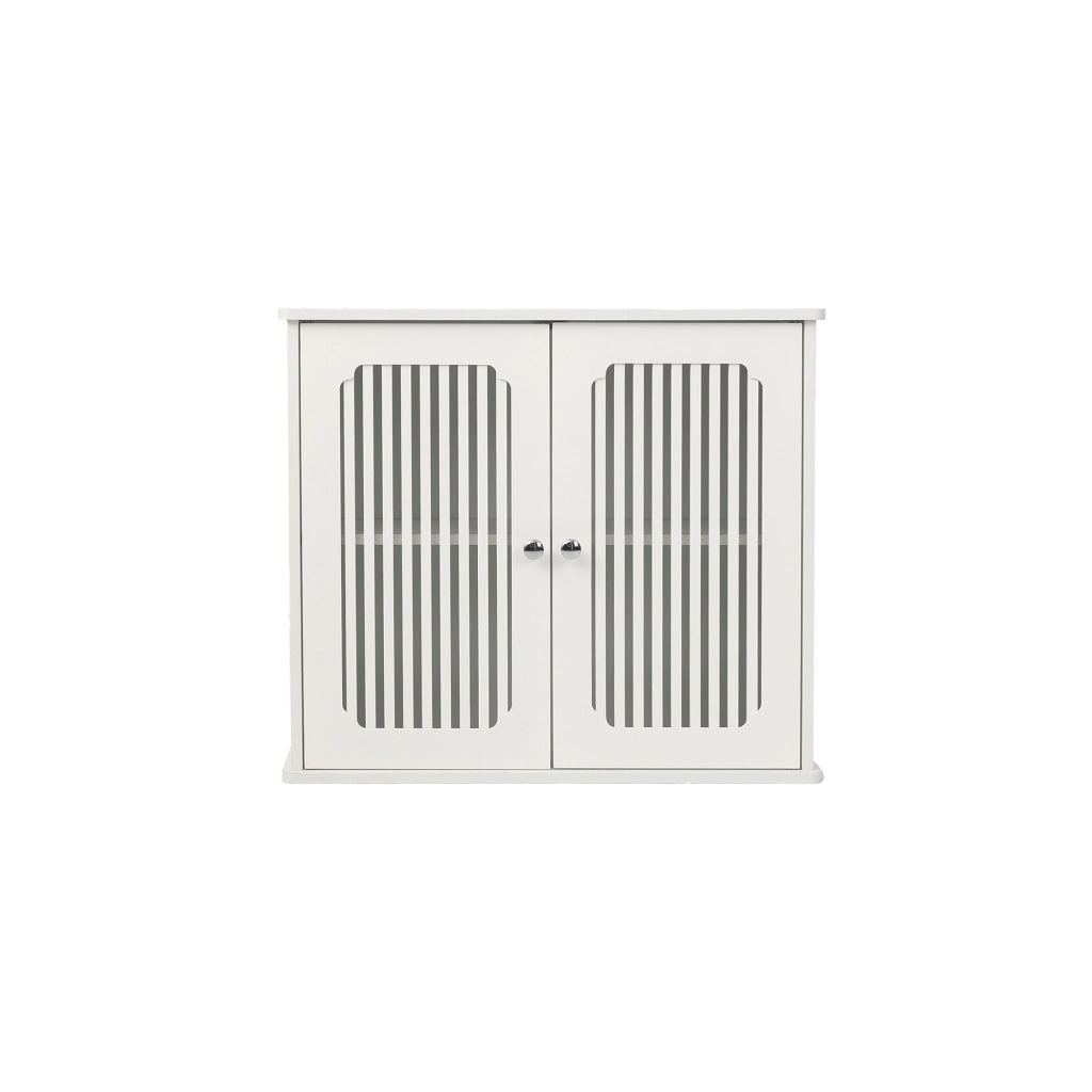 Mobile da bagno sospeso 69,3 × 43,8 × 11 cm con doppie ante a lamelle in MDF e pannello truciolare bianco