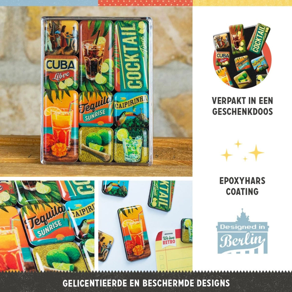 Magneti per frigorifero a tema cocktail vintage, set da 9 pezzi, 2 dimensioni