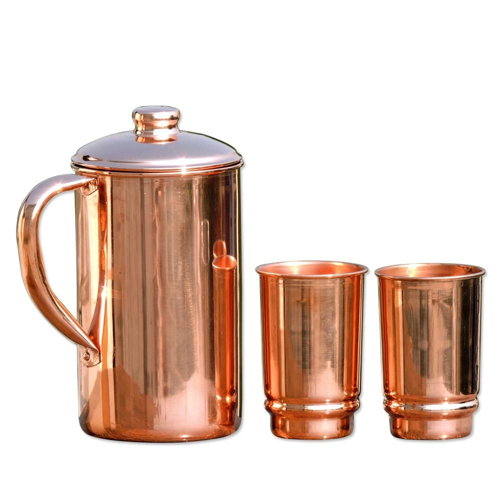 Bollitore in rame con 2 tazze, capacità 1,5 litri, caraffa per l'acqua secondo i principi dell'Ayurveda