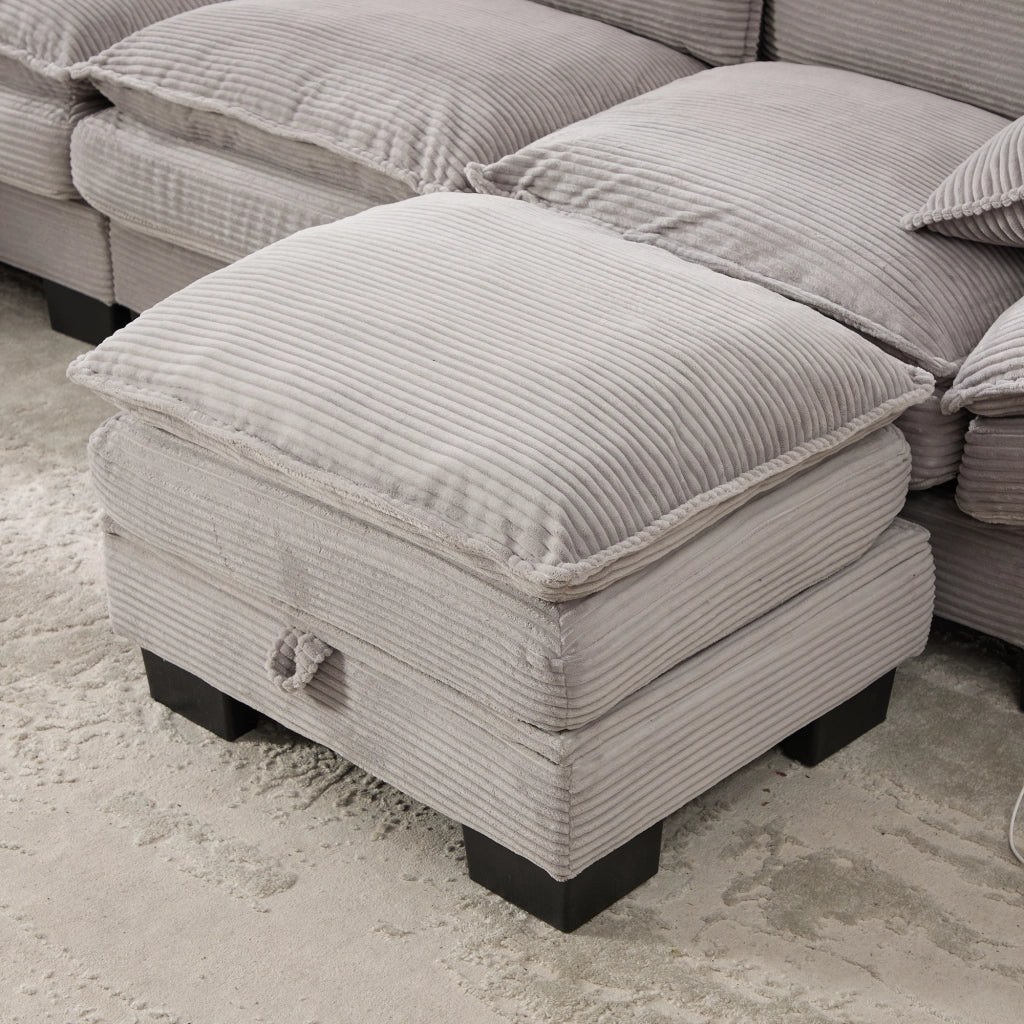 Divano modulare 3 posti 260x132x84 cm con pouf e porta USB C in velluto a coste grigio chiaro