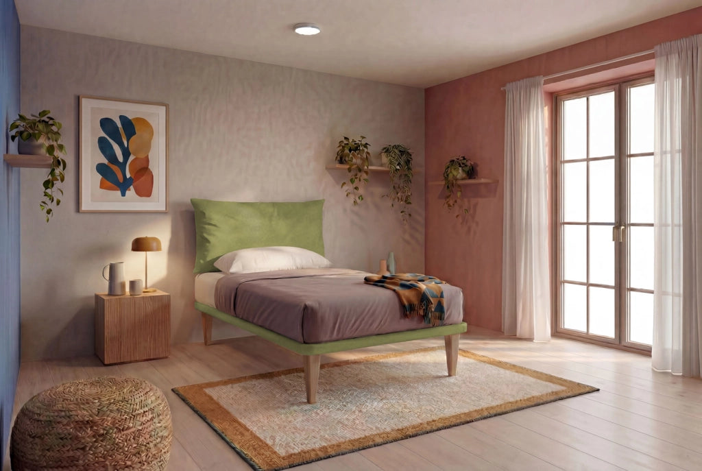 Letto Singolo con Rete Rivestita 80x190 cm Microfibra Tè Verde Tessis Testata Soft
