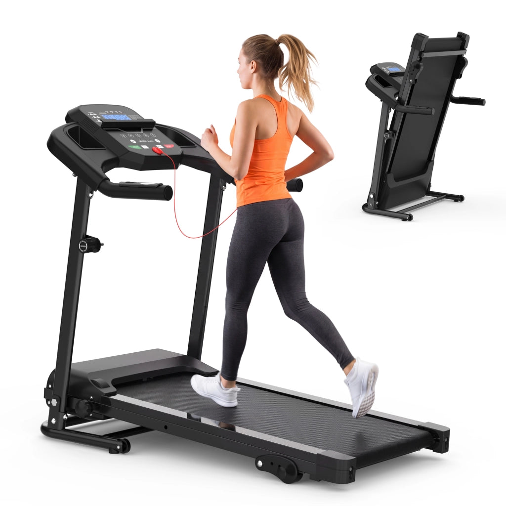 Tapis roulant pieghevole compatto per casa con maniglie, display LED multifunzione e 3 programmi, struttura in metallo, nero
