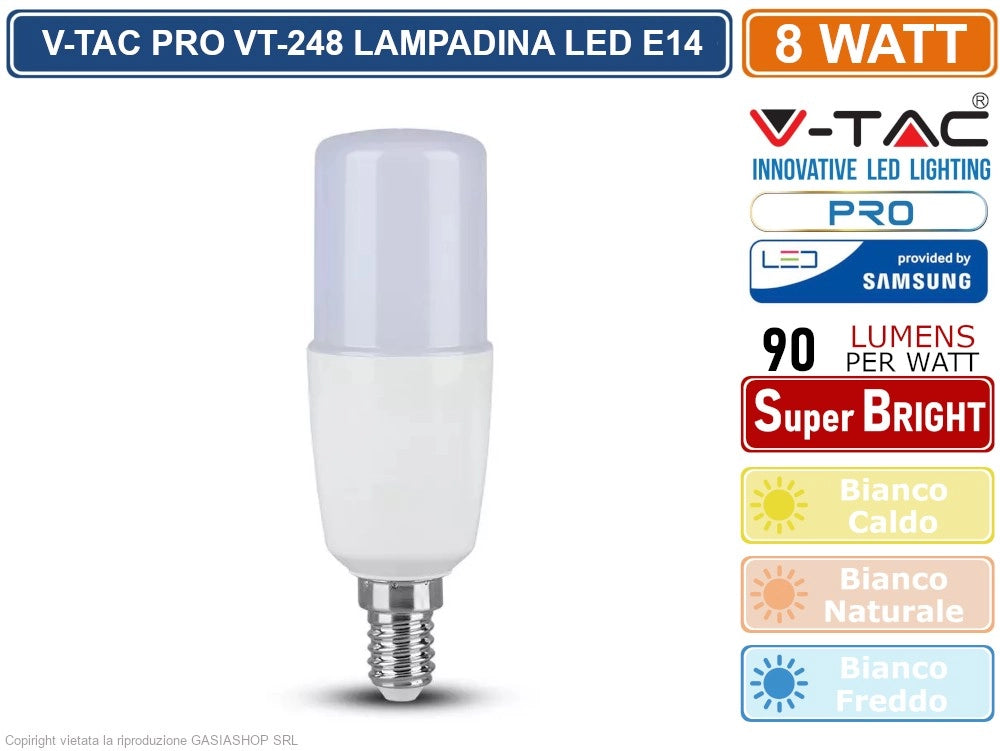 V-TAC PRO VT-248 LAMPADINA LED E14 8W TUBOLARE T37 CHIP SAMSUNG - Colore Luce:Bianco Freddo