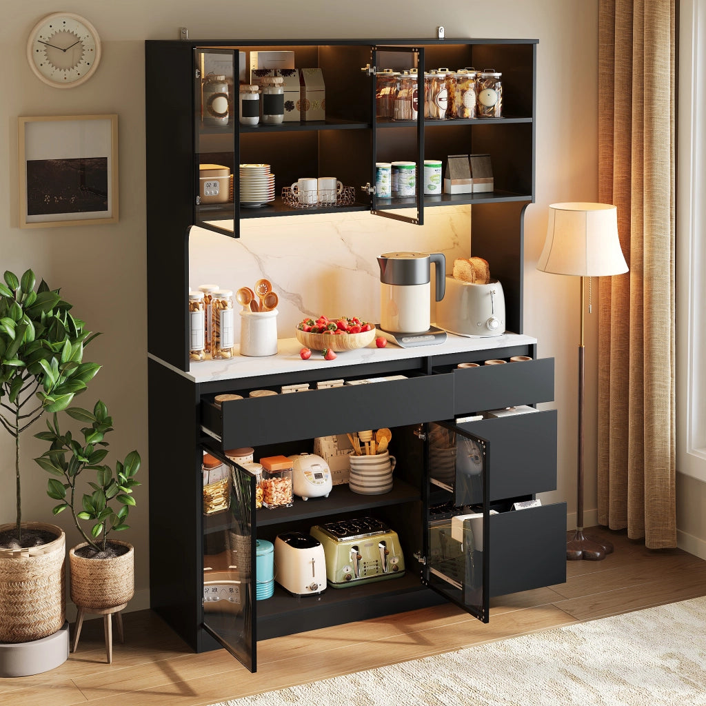 Mobile contenitore 120 × 40 × 180 cm in MDF bianco e nero con elementi in vetro cassetti LED e effetto marmo