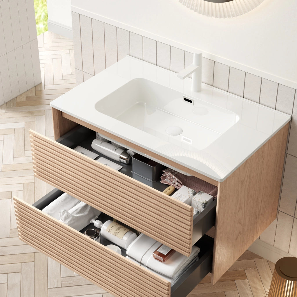 Mobile lavabo bagno sospeso 81 cm ceramica bianca e compensato noce, 2 cassetti