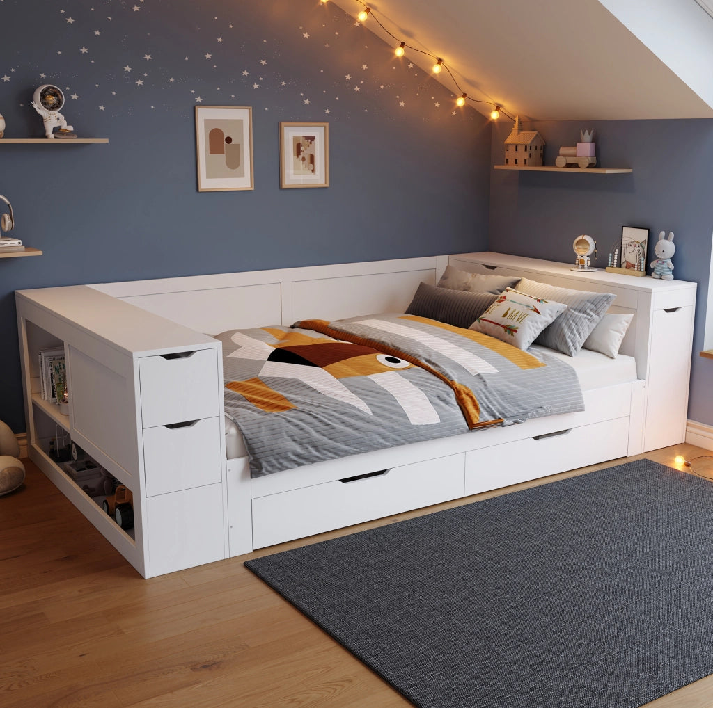 Letto singolo in MDF bianco 140x190 cm con contenitore e cassetti, struttura robusta, senza materasso