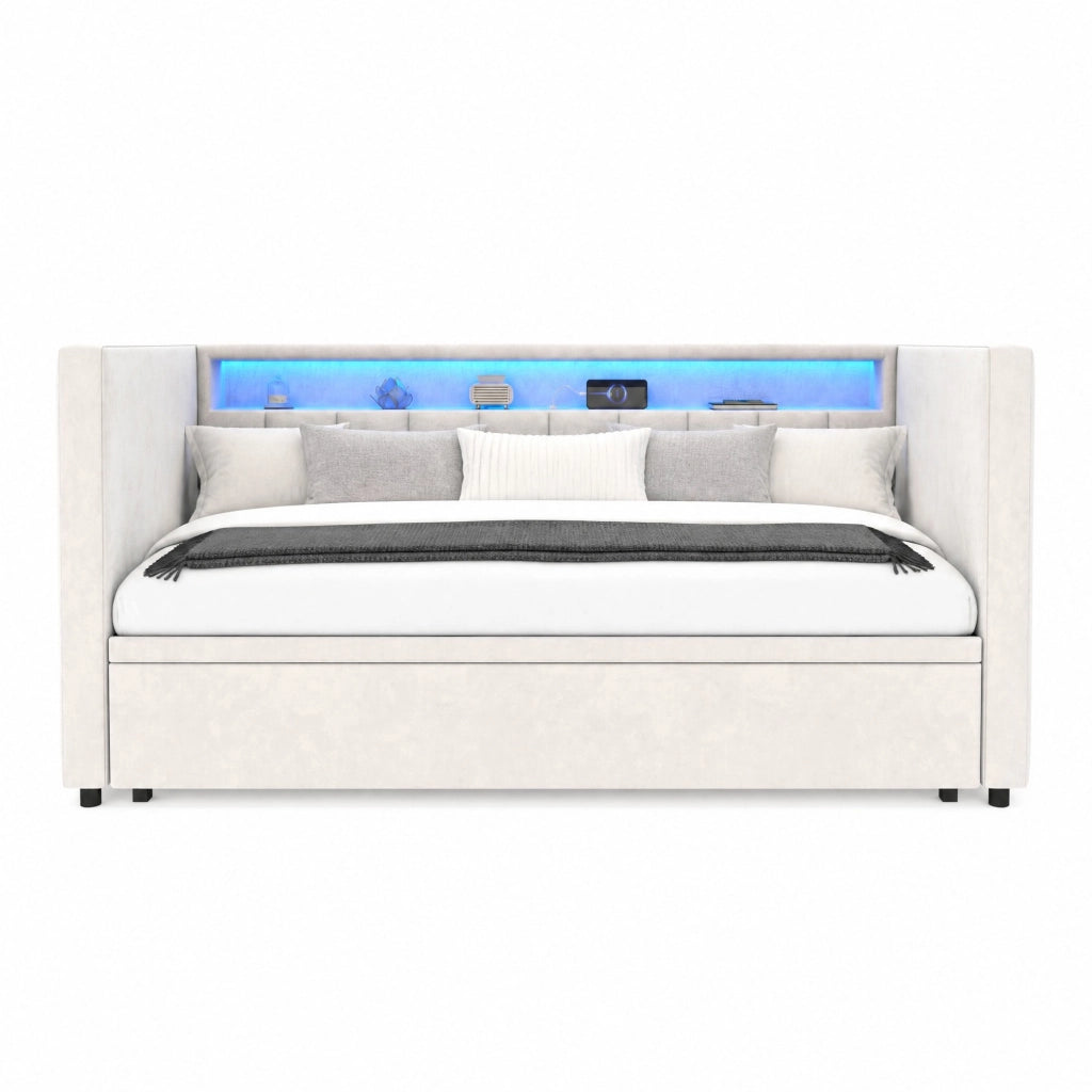 Letto estraibile 90 × 190 cm con LED; USB Type-C e vano portaoggetti; velluto beige