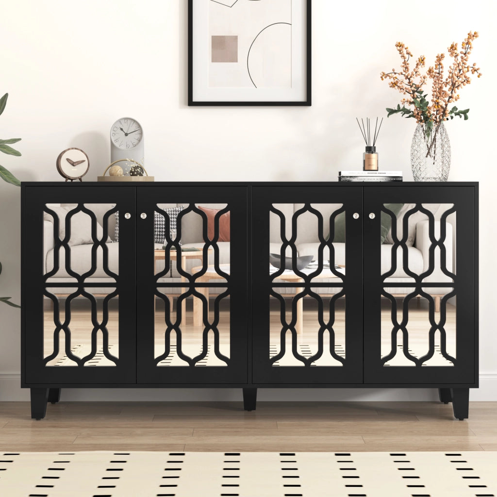 Credenza 160 × 40 × 84 cm con quattro ante due ripiani mobili in MDF nero e superficie a specchio con piedi in legno