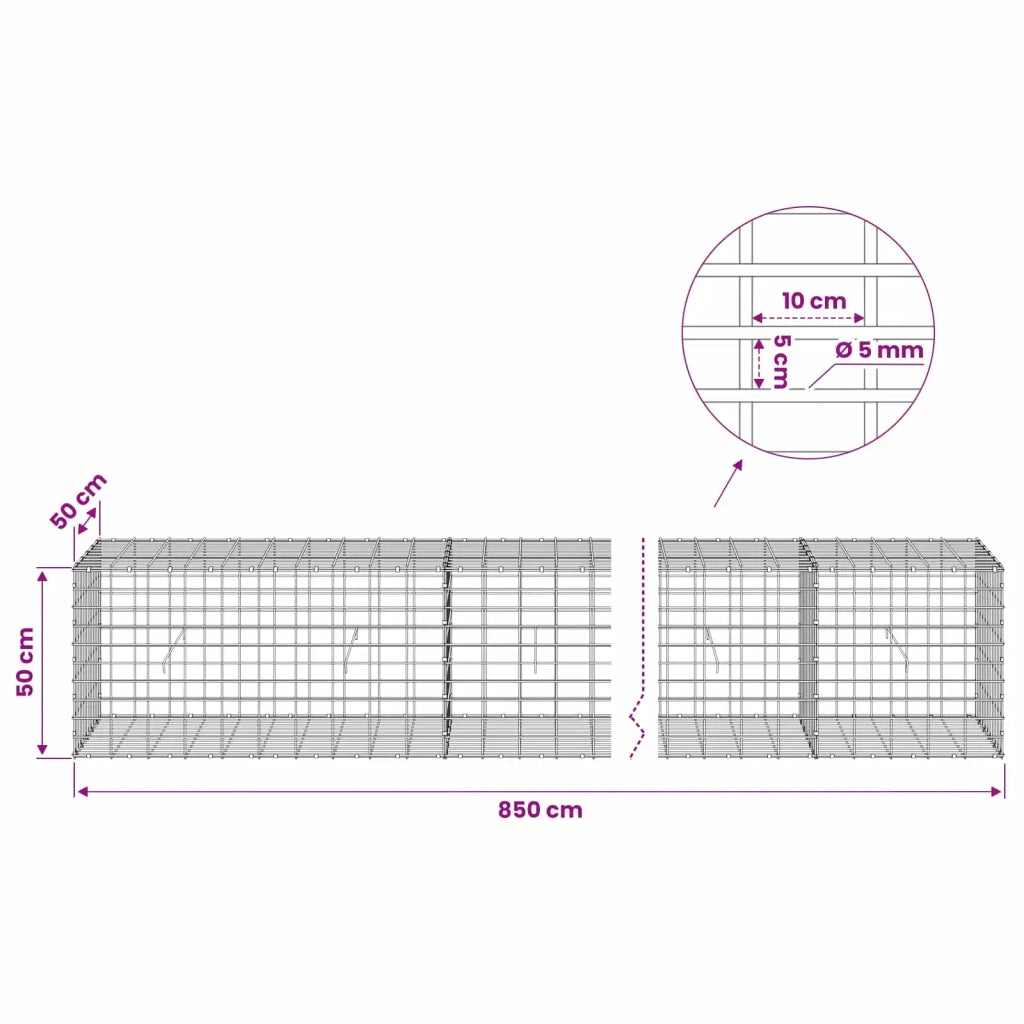 Gabione con Filo da 5 mm e Rete da 5x10 cm 850x50x50 cm 3464723
