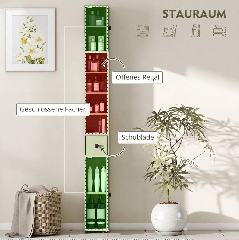 Colonna bagno sottile verde con cassetto e 4 ripiani aperti, 180 x 20 x 20 cm