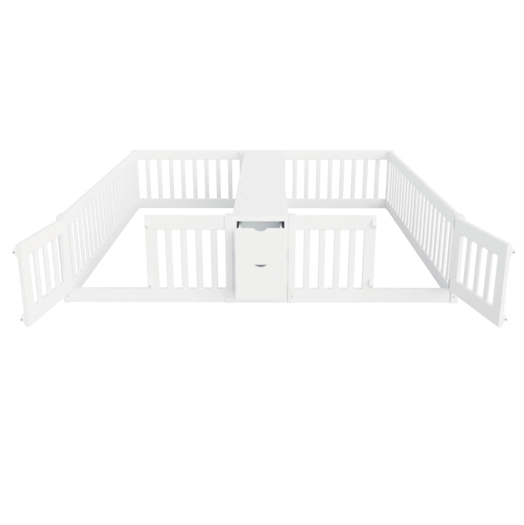 Letto doppio bambini 2x90x200 bianco con cassetti, ripiani e 2 materassi
