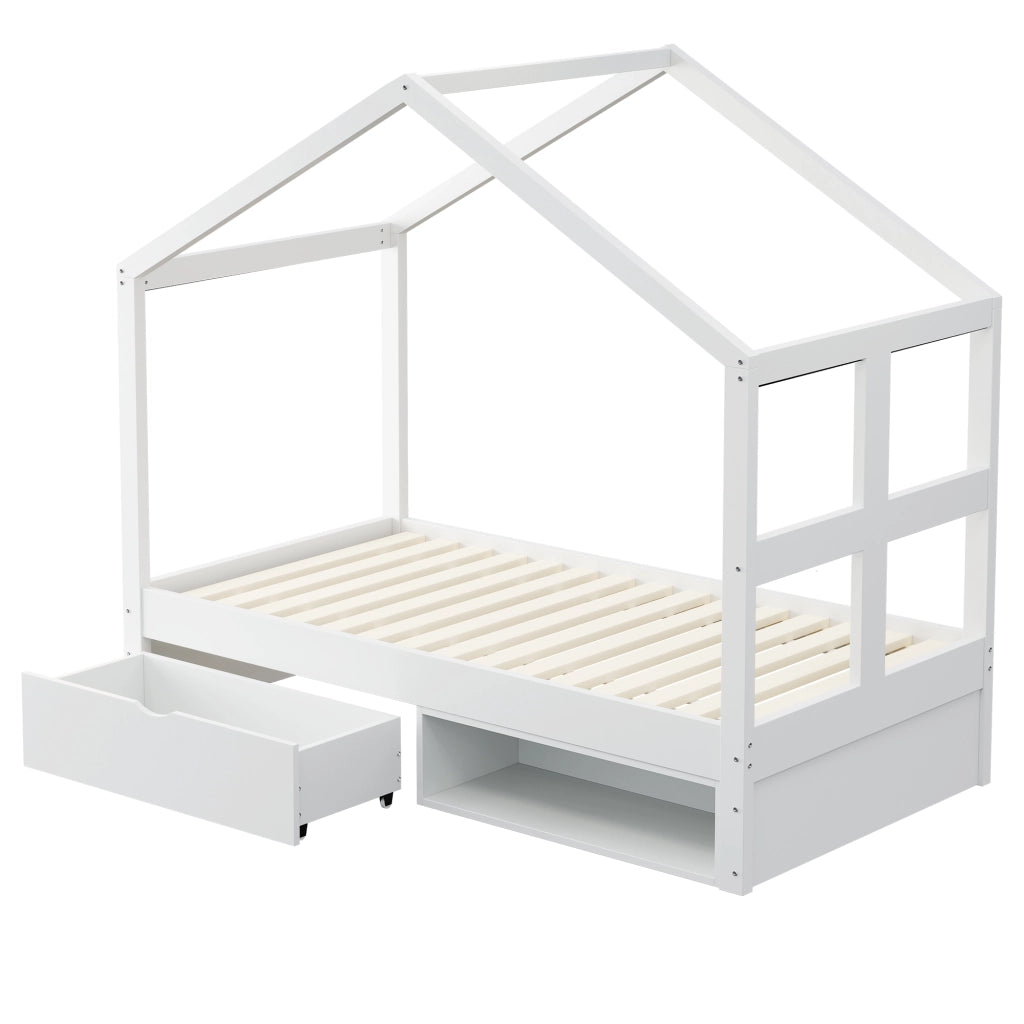 Letto singolo a casetta 90 × 190 cm con cassetti scarpiera LED multicolore in legno bianco con rete a doghe