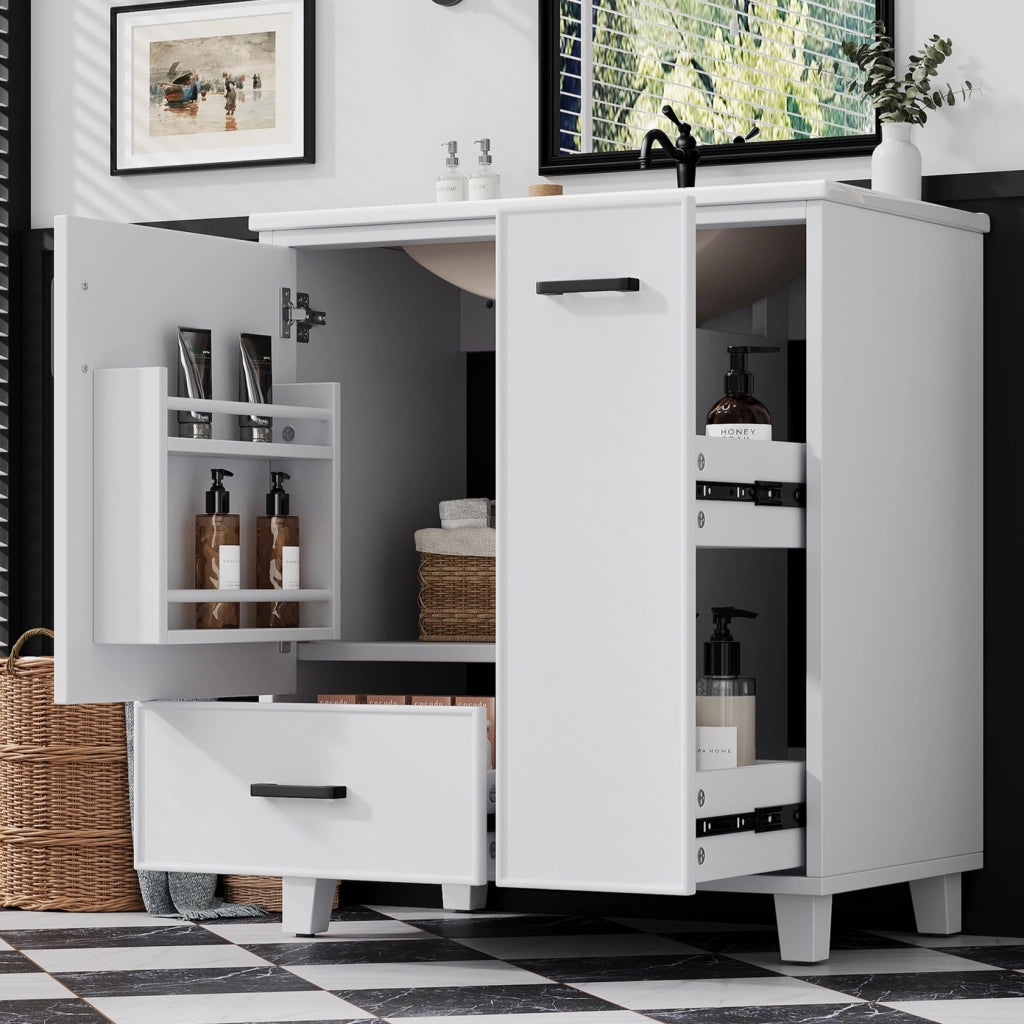Mobile lavabo da terra 76,5 × 47 × 82 cm con lavabo in ceramica MDF bianco due cassetti anta e ripiani interni