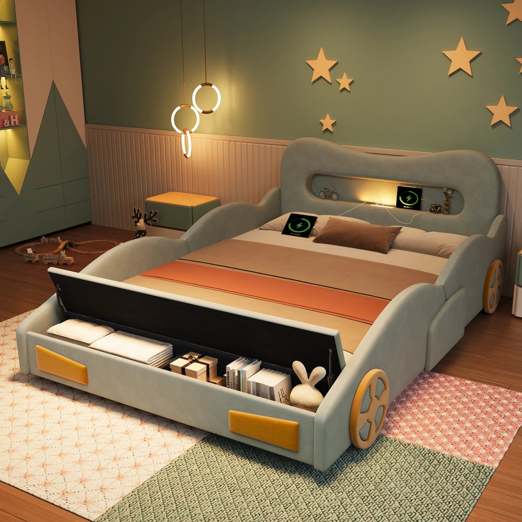 Letto A Forma Di Auto Per Bambini 140 X 200 Cm; Verde; Imbottito In Flanella Con Luce E Contenitore