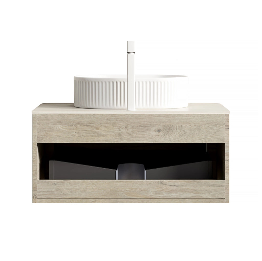Mobile bagno sospeso 80 cm con lavabo ovale bianco, top in travertino sinterizzato e mobile in multistrato rovere crema