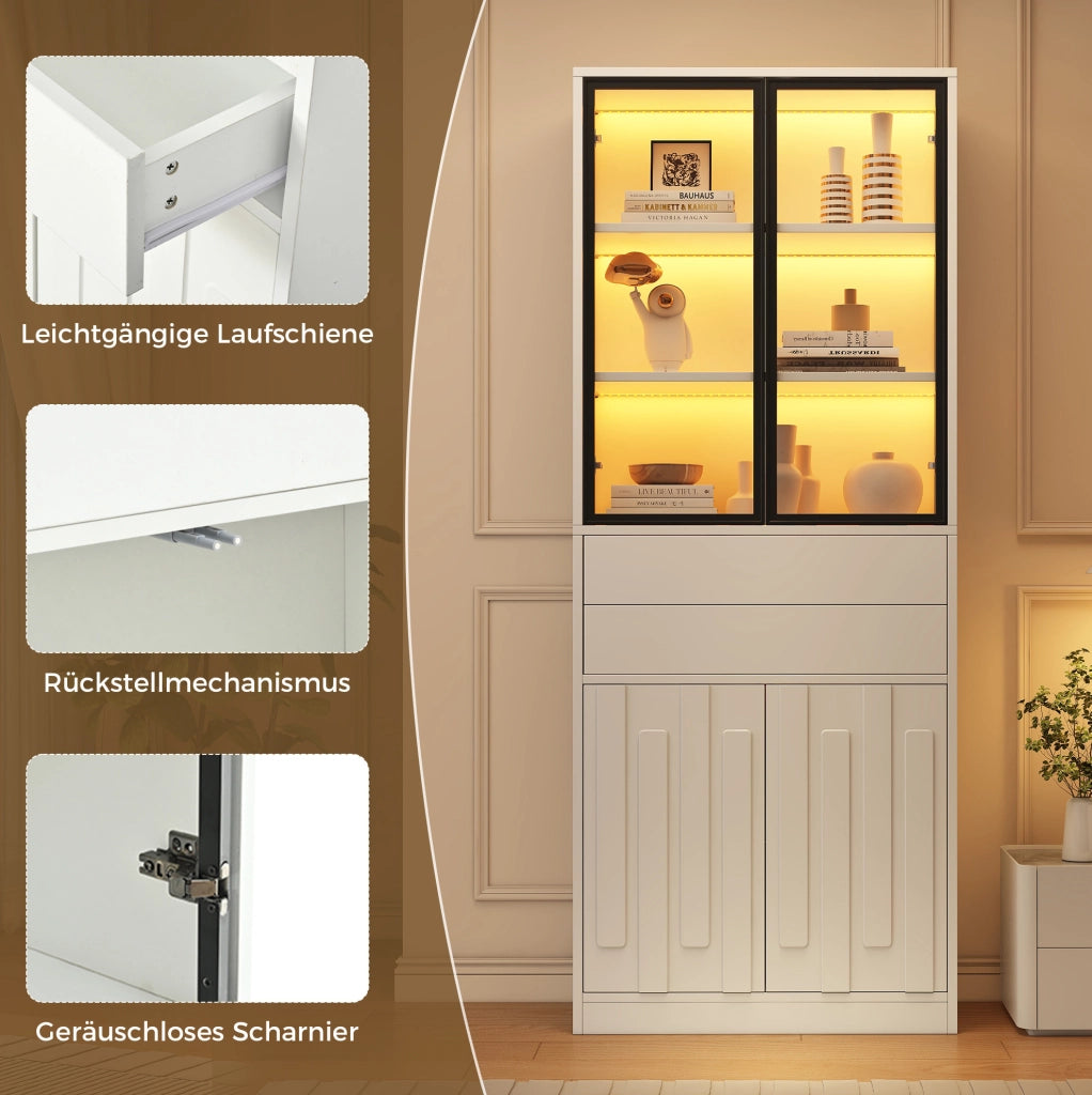 Vetrina alta 70x34x180 cm con LED Bluetooth; 4 ante e 2 cassetti in truciolare bianco