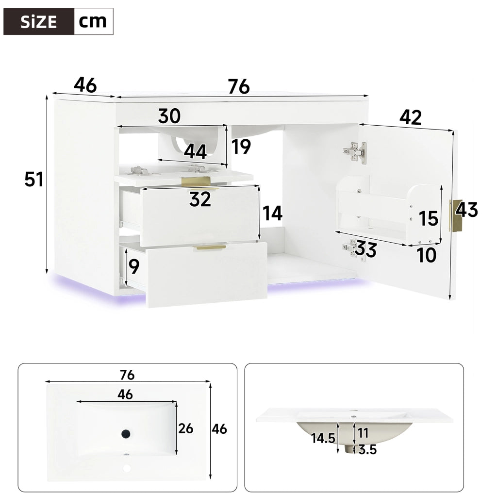 Mobile bagno sospeso 76 cm con lavabo, illuminazione regolabile, bianco