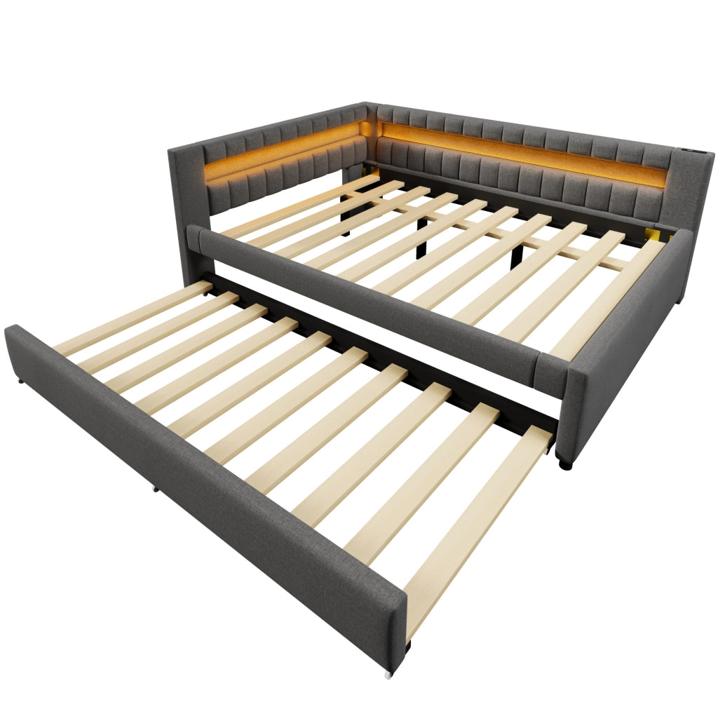 Letto Daybed con letto estraibile 140x200 cm in lino grigio con striscia LED, USB e TYPE-C