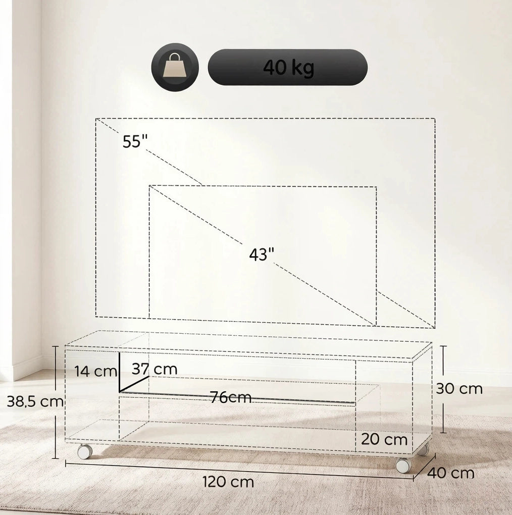 Mobile TV su ruote 120x40x38,5 cm in pannello truciolare bianco naturale per soggiorno
