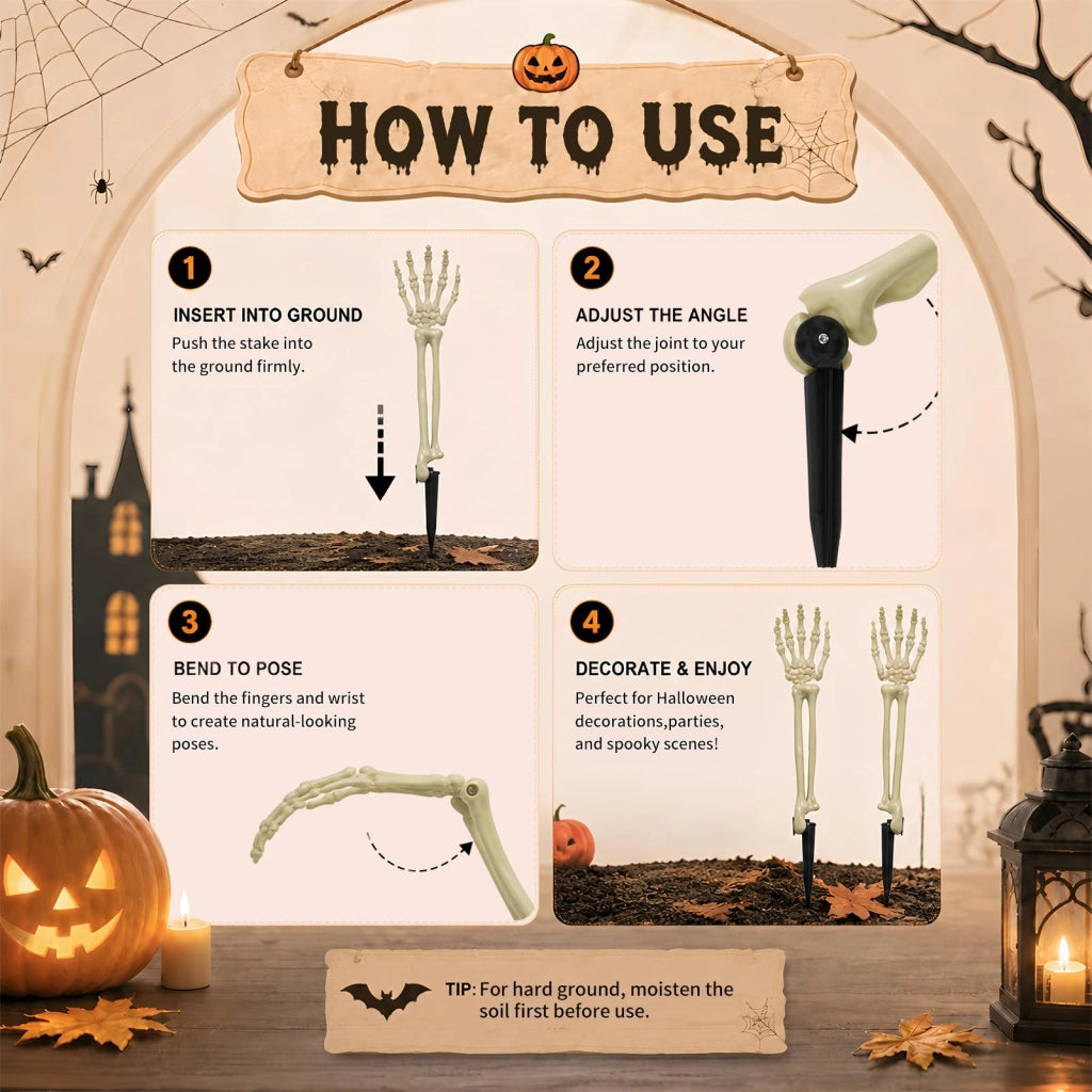 Set di 4 elementi per Halloween: scheletri con mani e armi, altezza 46 cm, in plastica