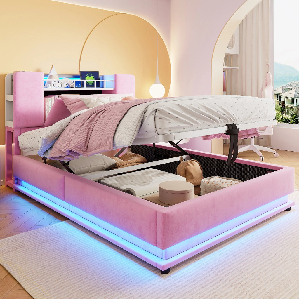 Letto per bambini imbottito 90 × 200 cm in velluto rosa con LED USB vano contenitore e rete metallica