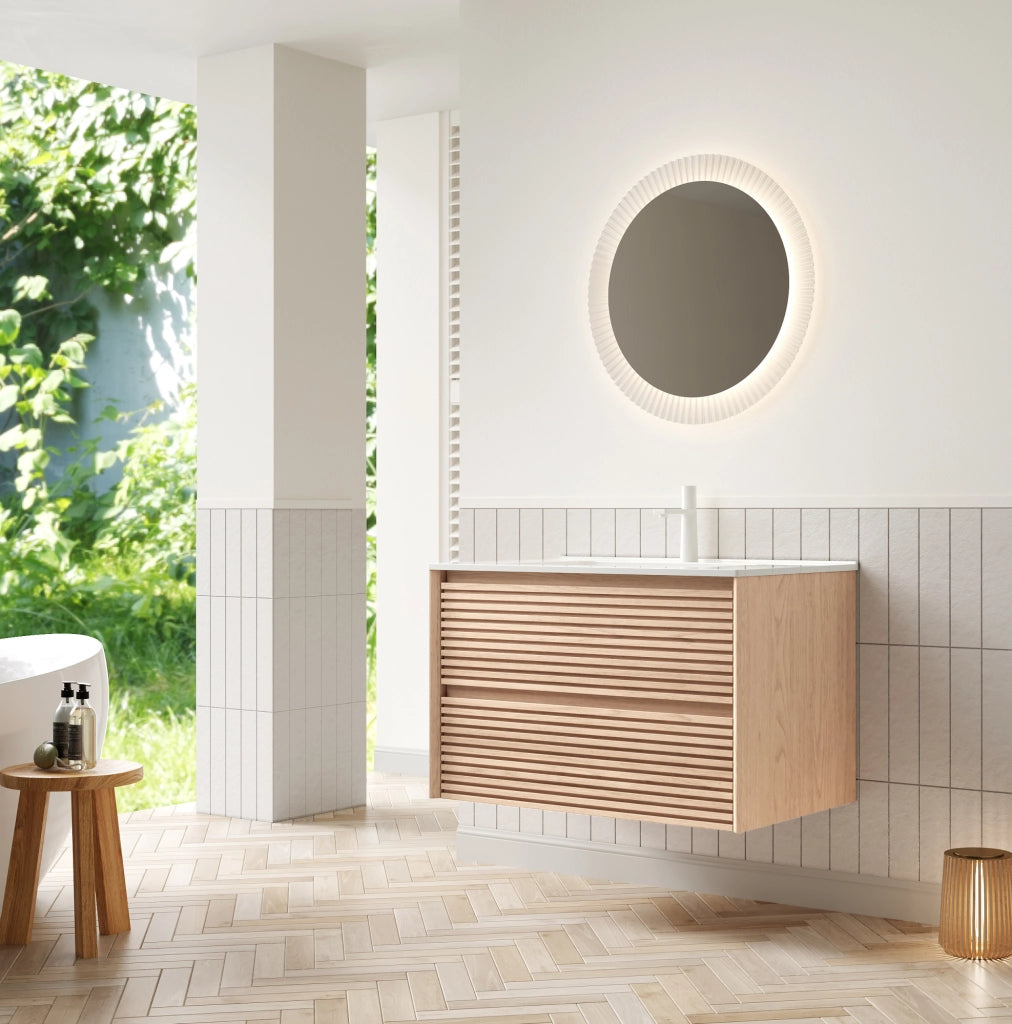 Mobile bagno da parete 81 cm con lavabo in ceramica bianca e armadietto in compensato effetto noce con 2 cassetti soft-close