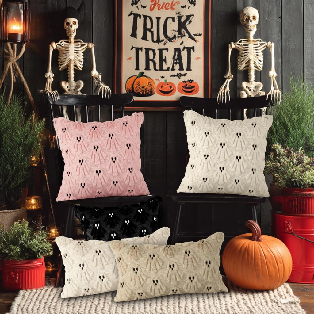 Set di 2 federe per cuscini a tema Halloween, in peluche, 40x40 cm, motivo fantasmi, colore bianco