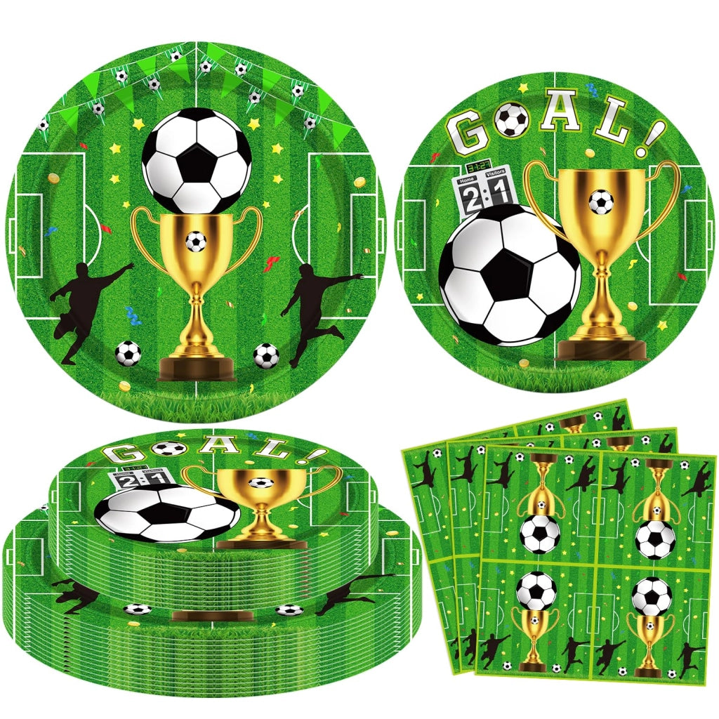 Set di stoviglie a tema calcio, 120 pezzi, composto da piatti e tovaglioli, colore verde