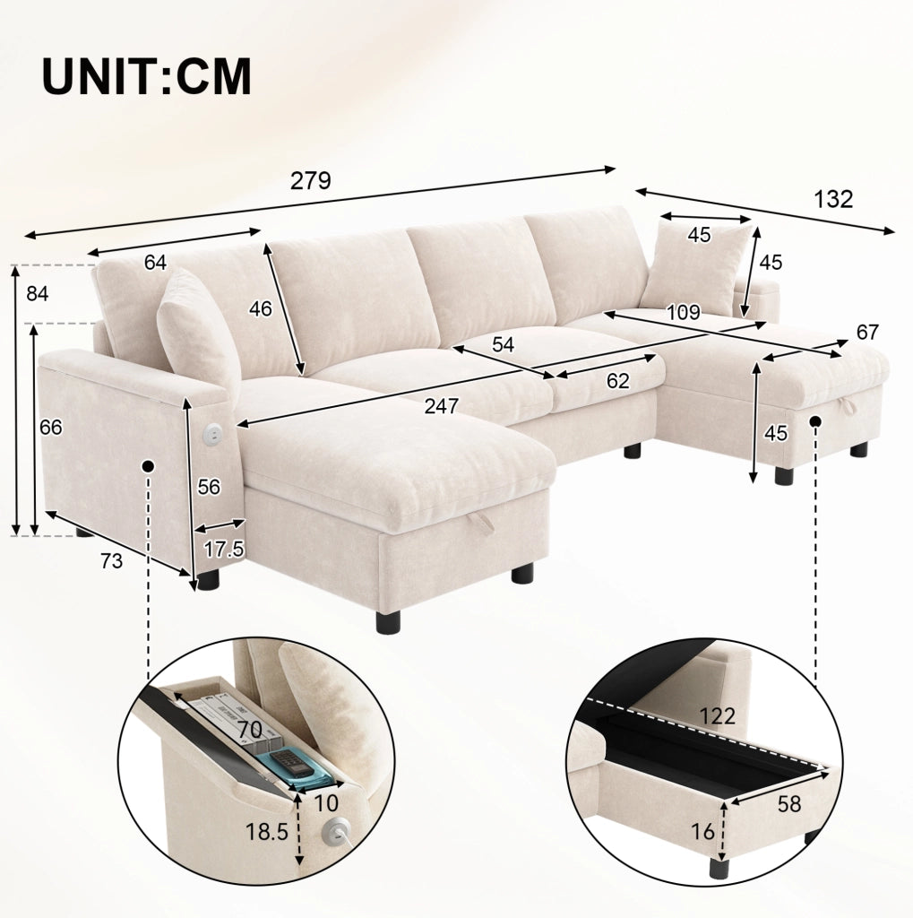 Divano a U 279x135 cm in ciniglia beige con contenitore e porte USB e USB-C