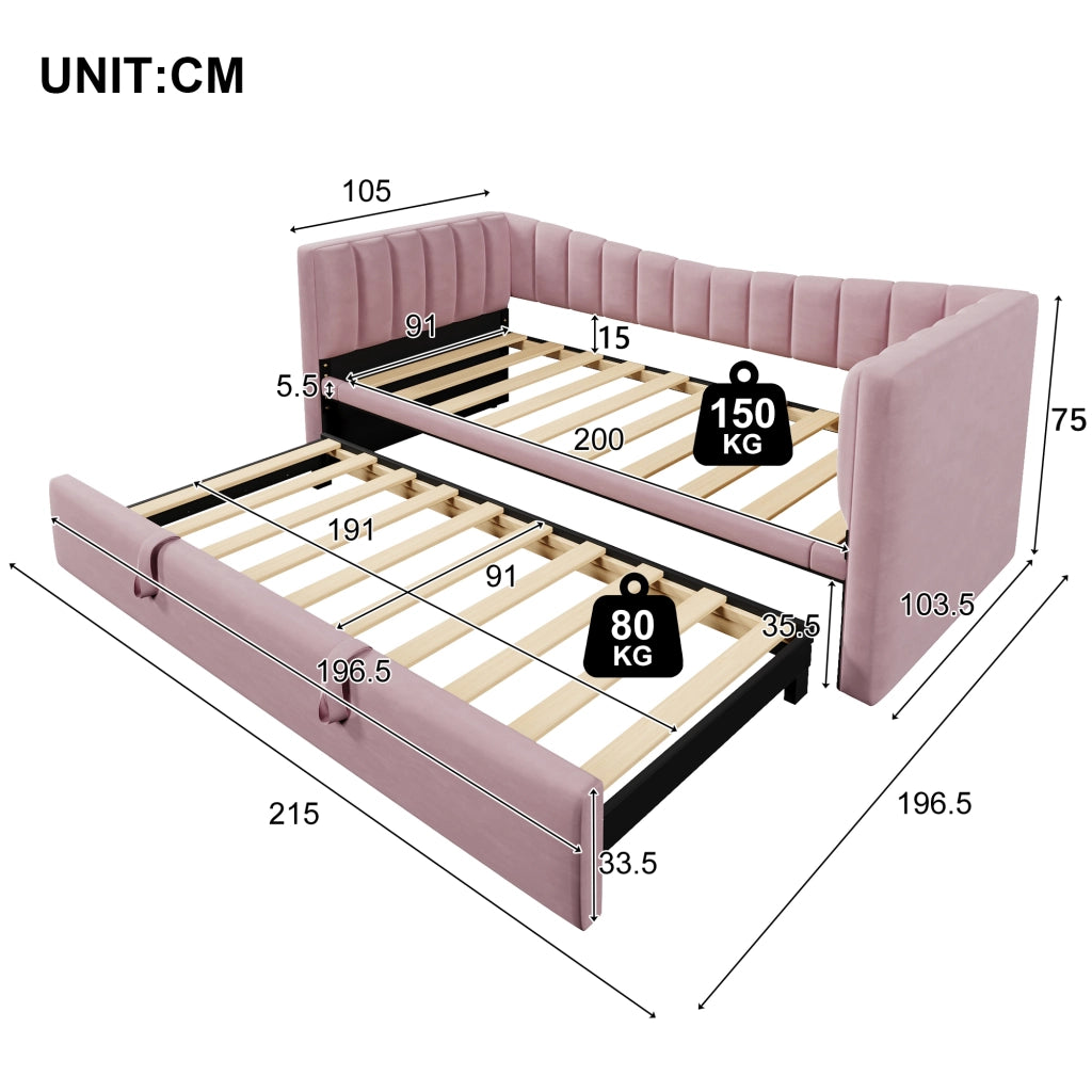 Divano letto 90 × 200 cm con letto estraibile rialzabile in velluto rosa e struttura in MDF