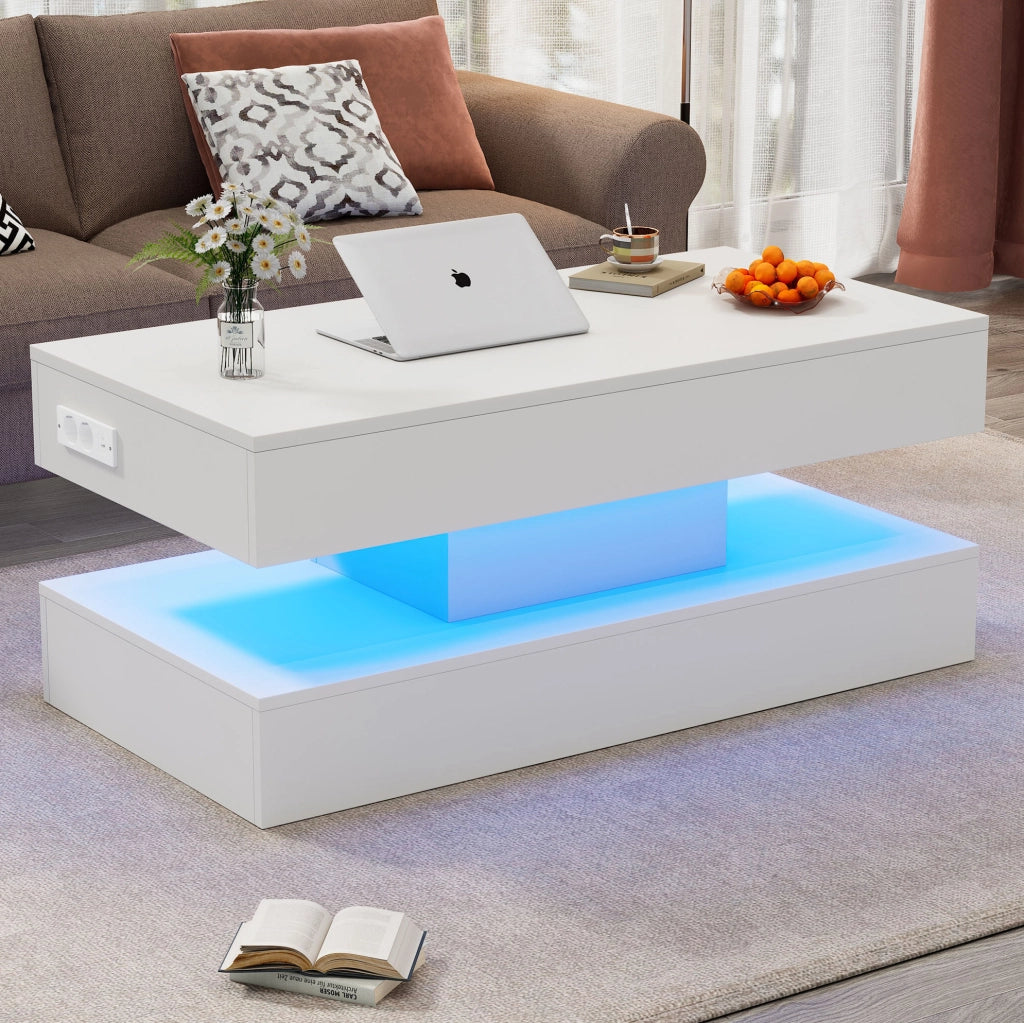 Tavolino da caffè sollevabile 100x50x42 cm bianco con LED e vano contenitore