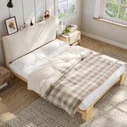 Letto 140x200 cm con testiera imbottita e rete a doghe; struttura in pino color naturale per camera da letto