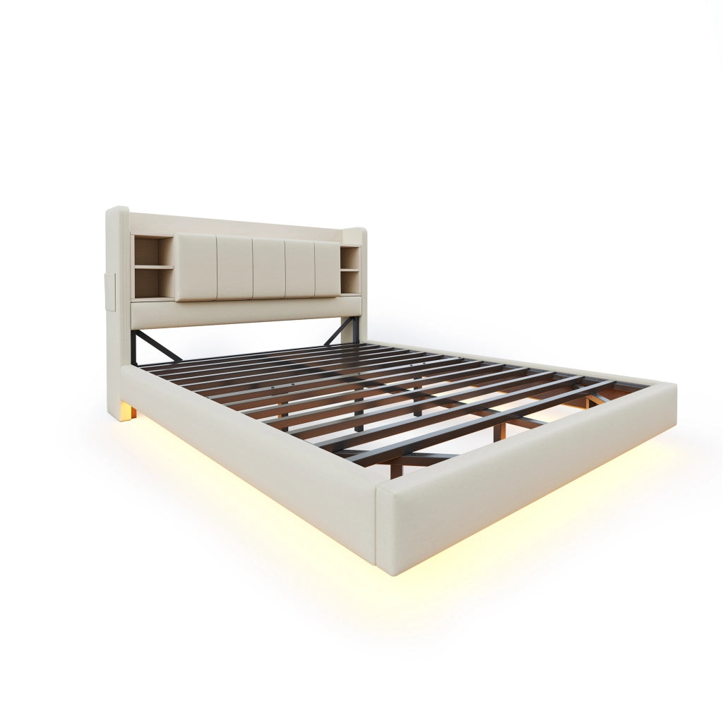 Letto matrimoniale imbottito 140 × 200 cm con USB e LED testiera contenitore in lino beige struttura in metallo