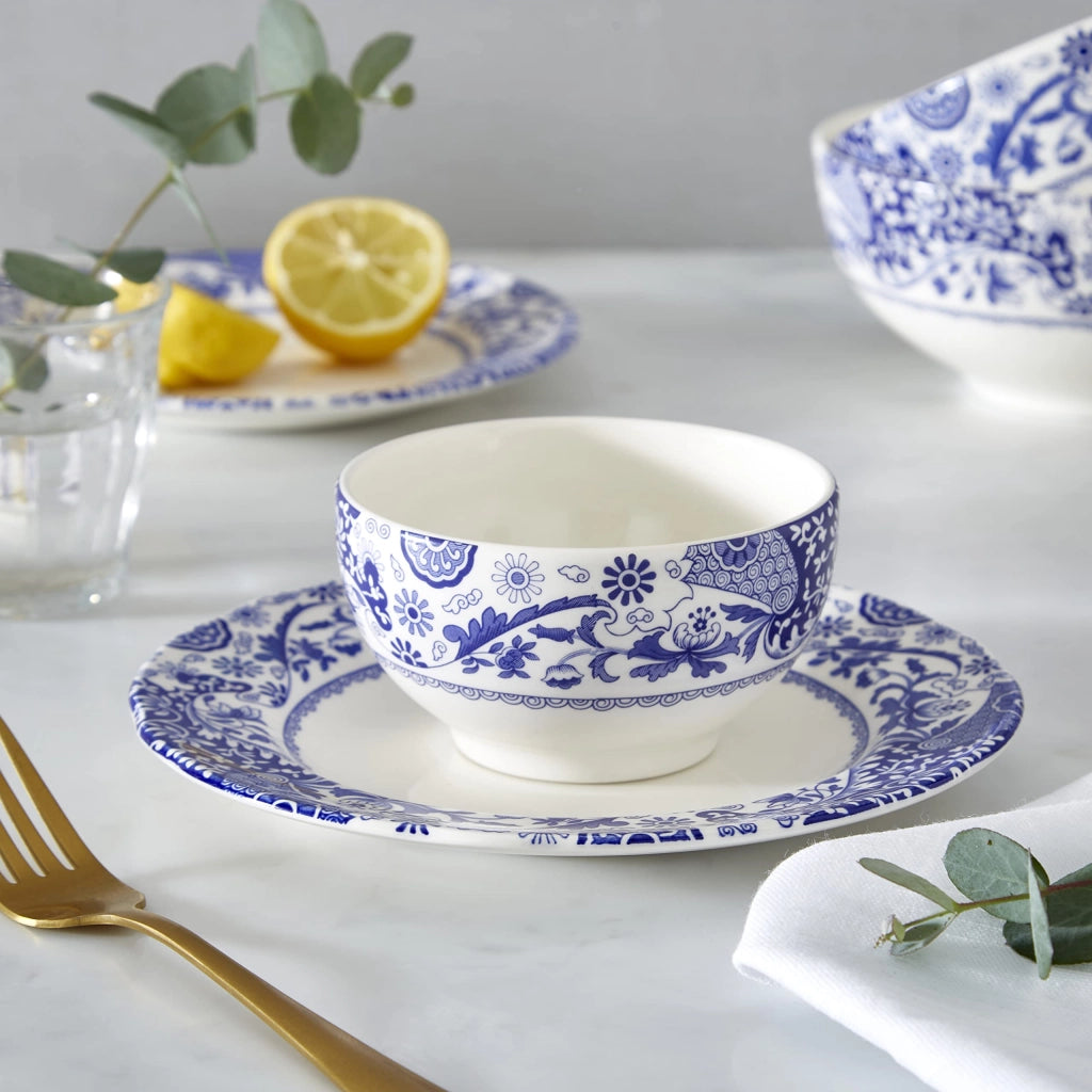 Set di 4 ciotole, diametro 11 cm, in terracotta, bianco e blu, con motivo "Brocato"