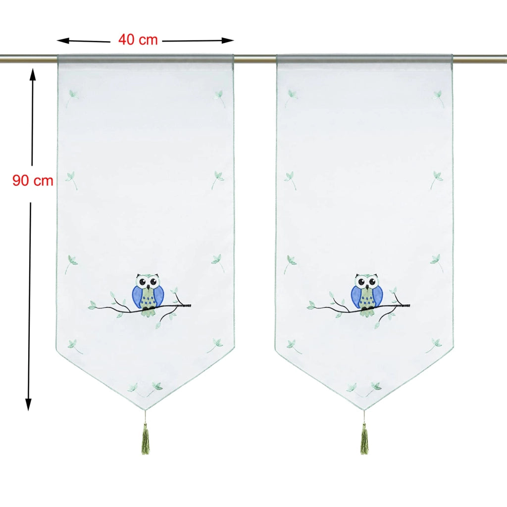 Tende leggere con motivo a gufi, colore verde, dimensioni 40x90 cm, confezione da 2 pezzi.