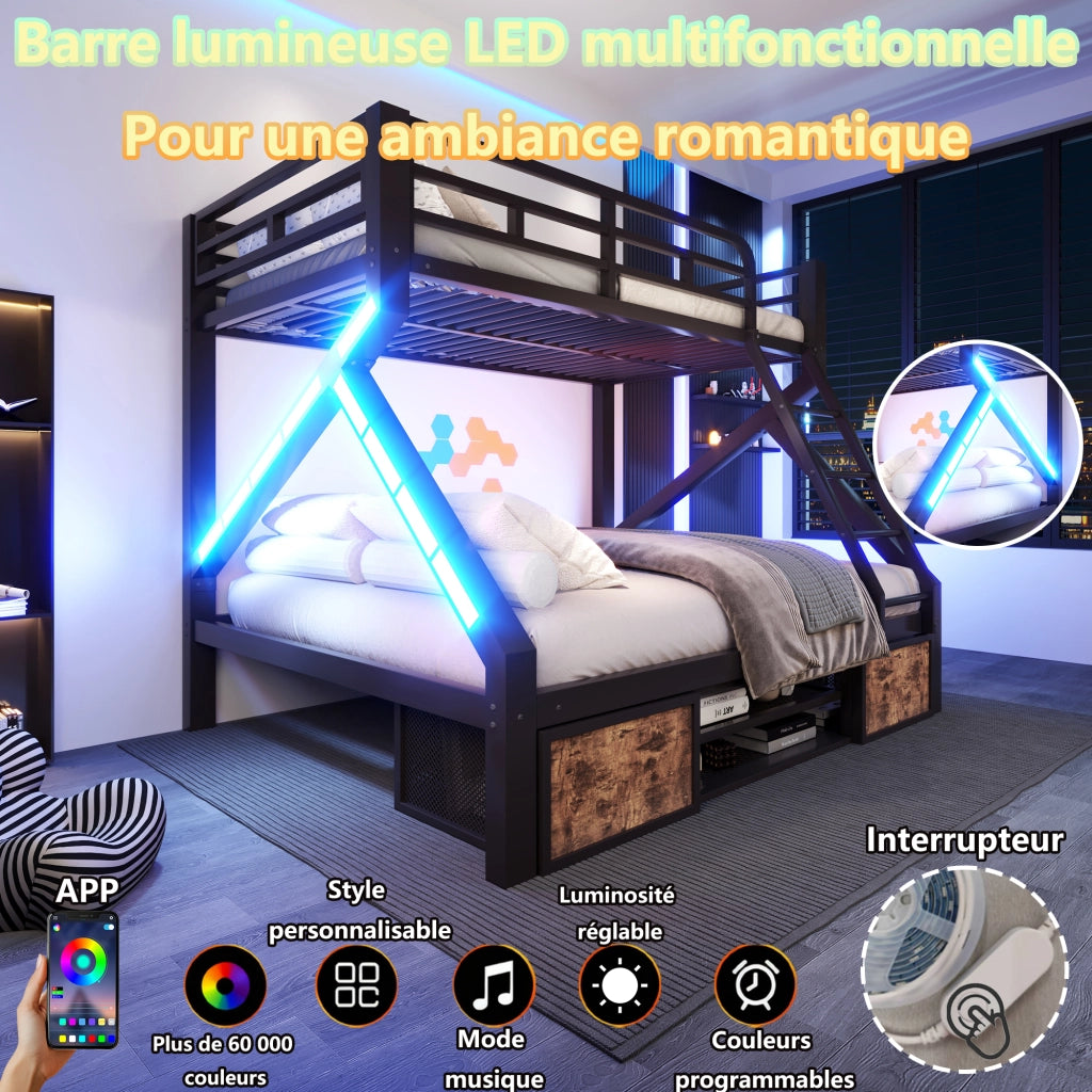 Letto a Castello 90x200/140x200 con Rangement Integrato; LED; Sponde di Sicurezza LEMONMAX Salvaspazio per Camera Bambini