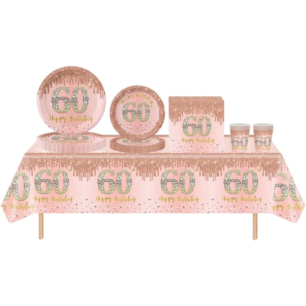 Set di stoviglie per feste, 60° compleanno, color oro rosa, 69 pezzi, per 16 ospiti, include piatti e bicchieri