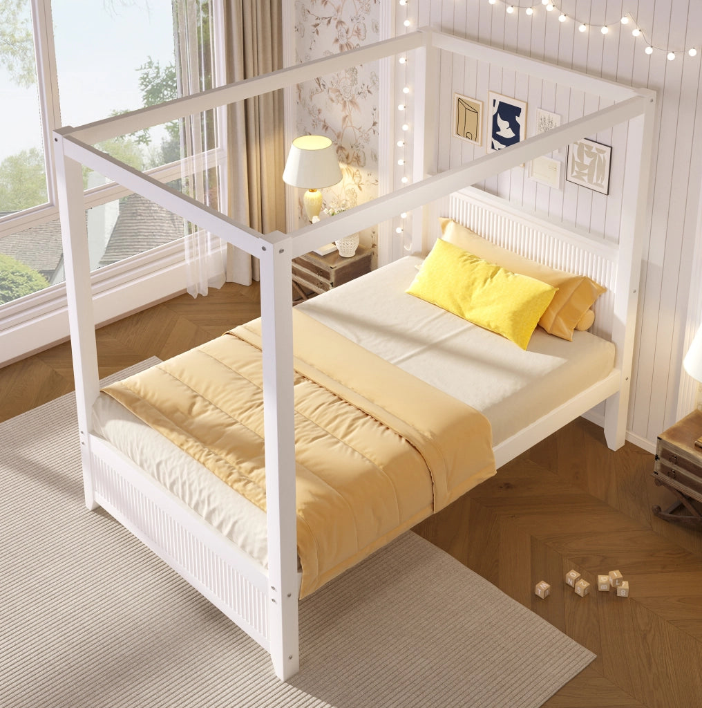 Letto a baldacchino in legno 90x200 cm bianco con cornice decorativa e doghe verticali