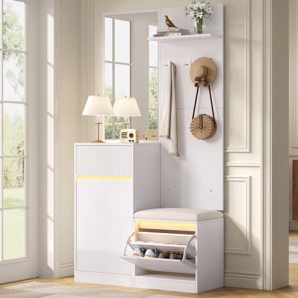 Guardaroba da ingresso compatto 105 x 38 x 190 cm bianco con specchio e LED