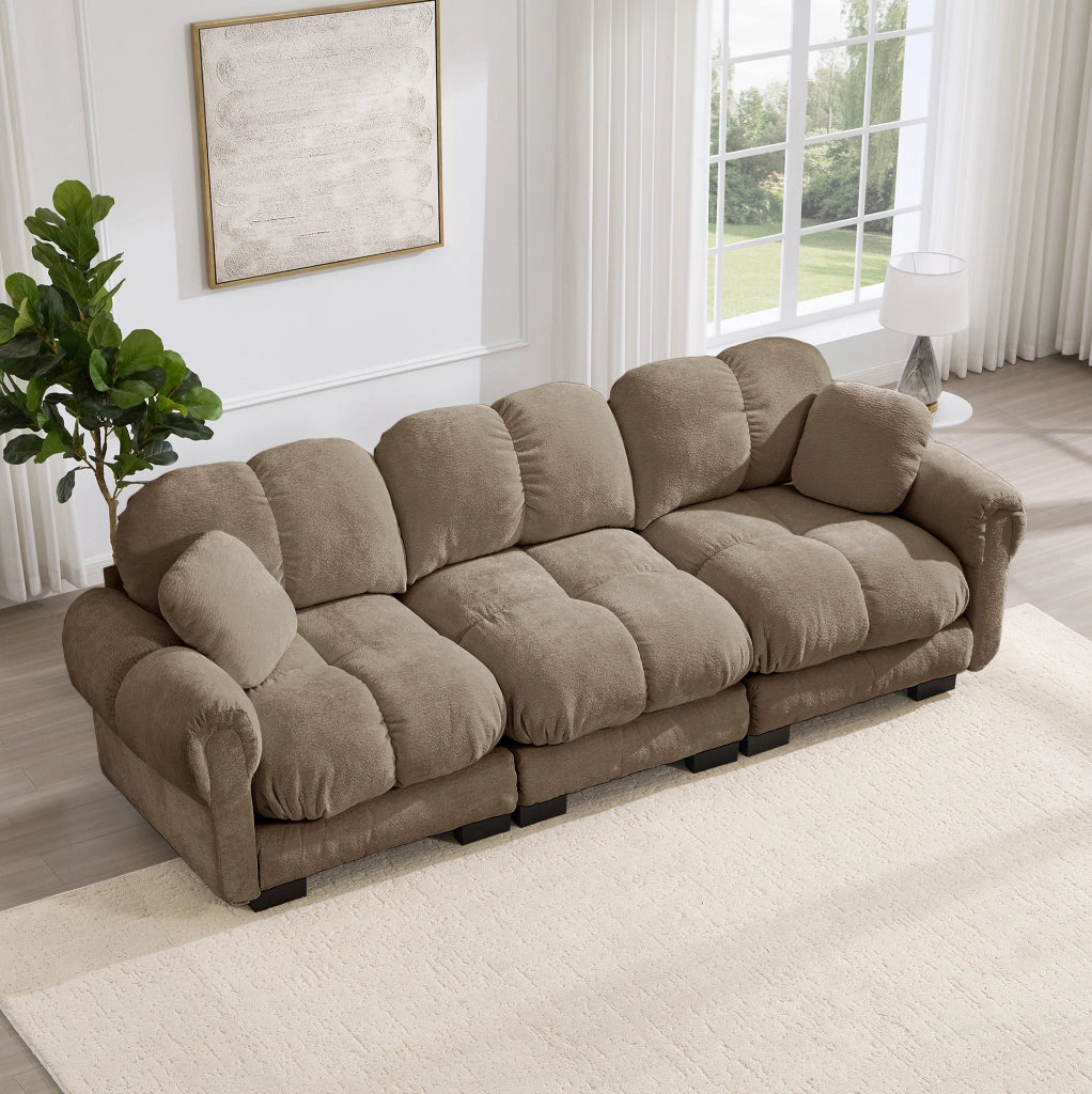 Divano 3 posti 260x86x90 cm in ciniglia marrone modulare con 2 cuscini déco