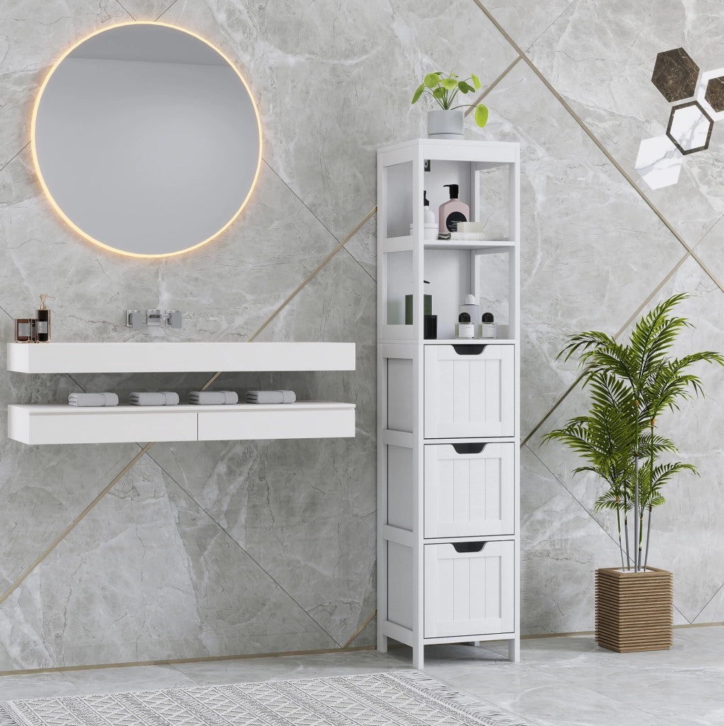 Mobiletto alto bagno bianco con 3 cassetti e 2 ripiani aperti, 30 x 30 x 142,4 cm