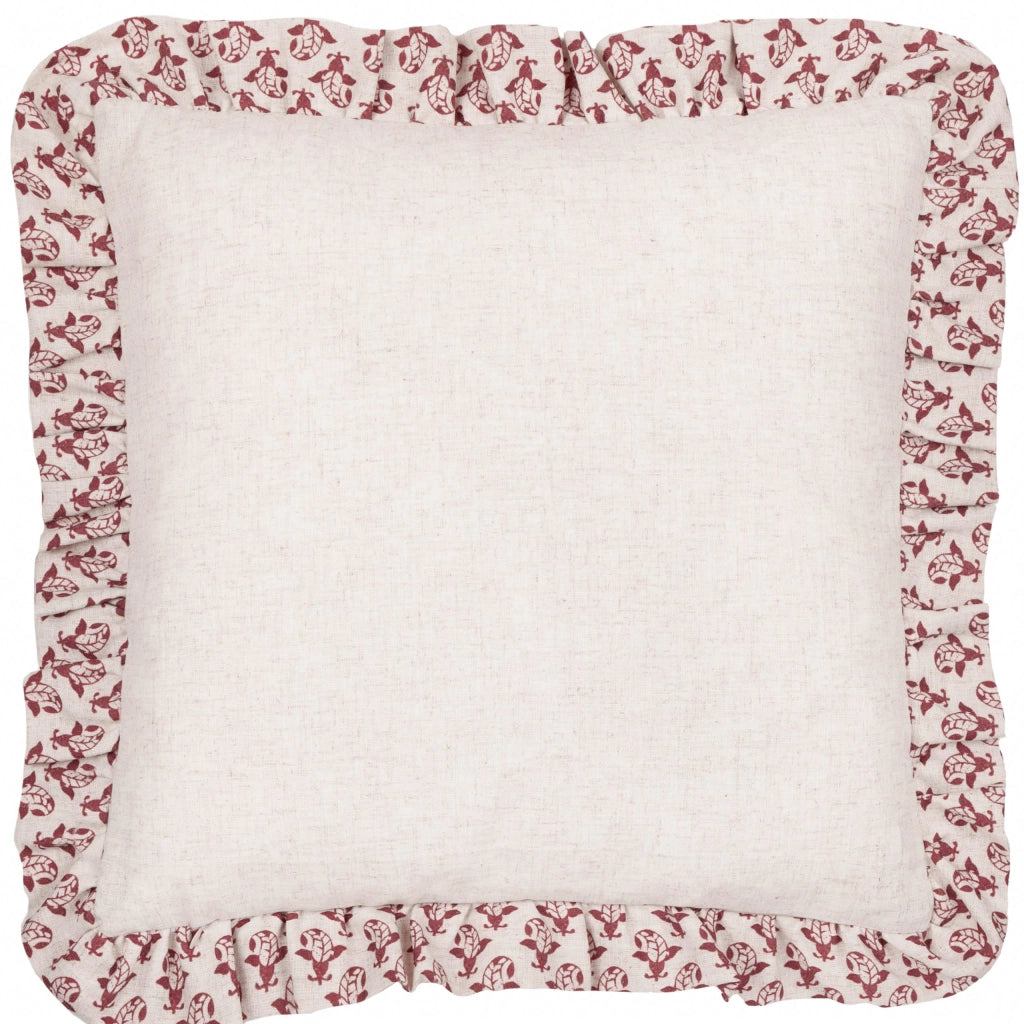Cuscino con stampa a blocchi e balze, in lino/rosso, 45x45 cm